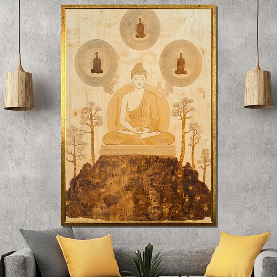 Wood Carved Buddha On Mountain Sepia Zen Spiritual Decor Poster