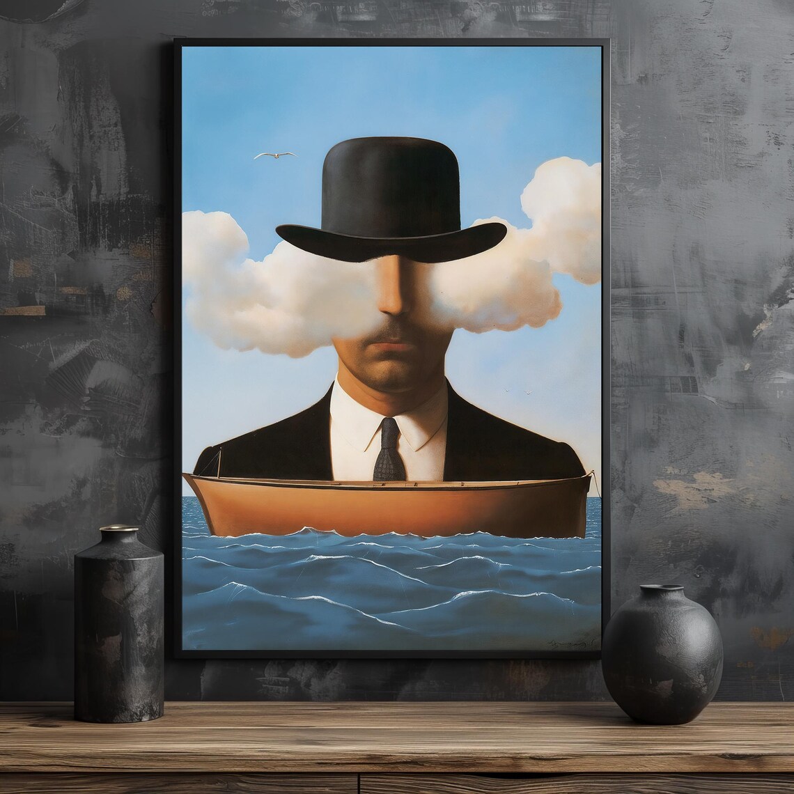 Surreal Bowler Hat Man Sailing A Boat Across A Sea Of Clouds Poster - Image 2