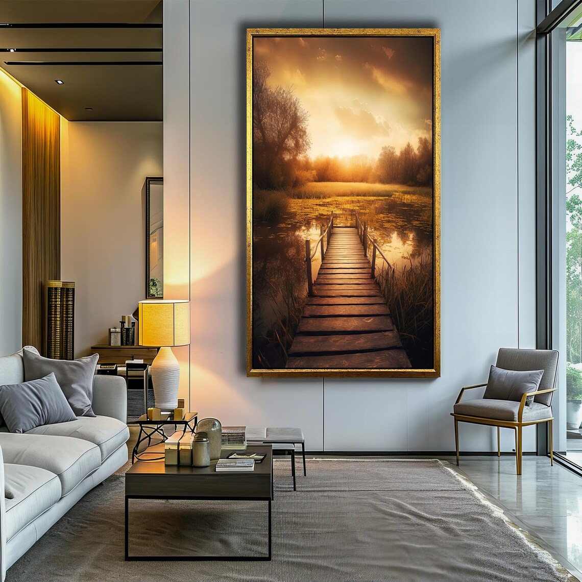 Sunset Serenity Wooden Footbridge Over Calm Golden Waters Poster - Image 4