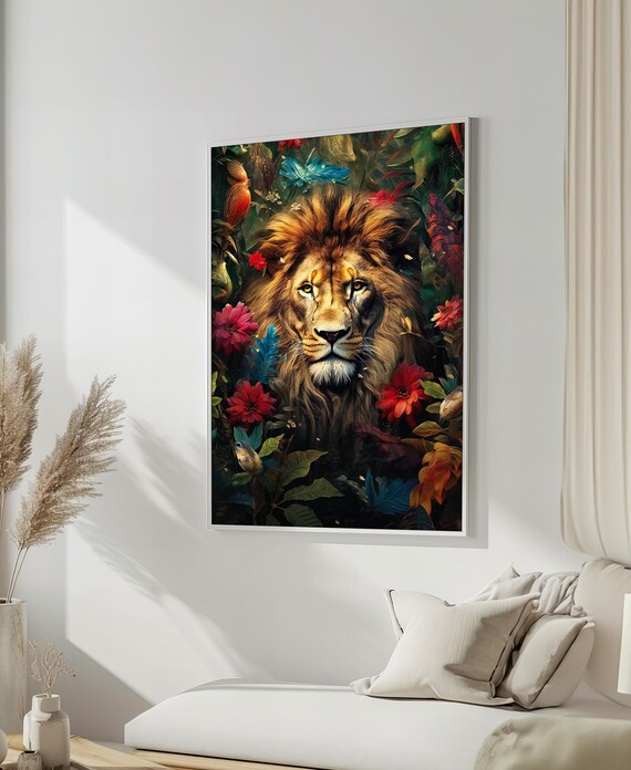 Majestic Lion Portrait Surrounded by Tropical Flowers Poster