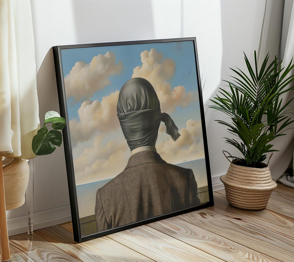 Surreal Portrait Of A Blindfolded Man Facing The Sea And Clouds Poster