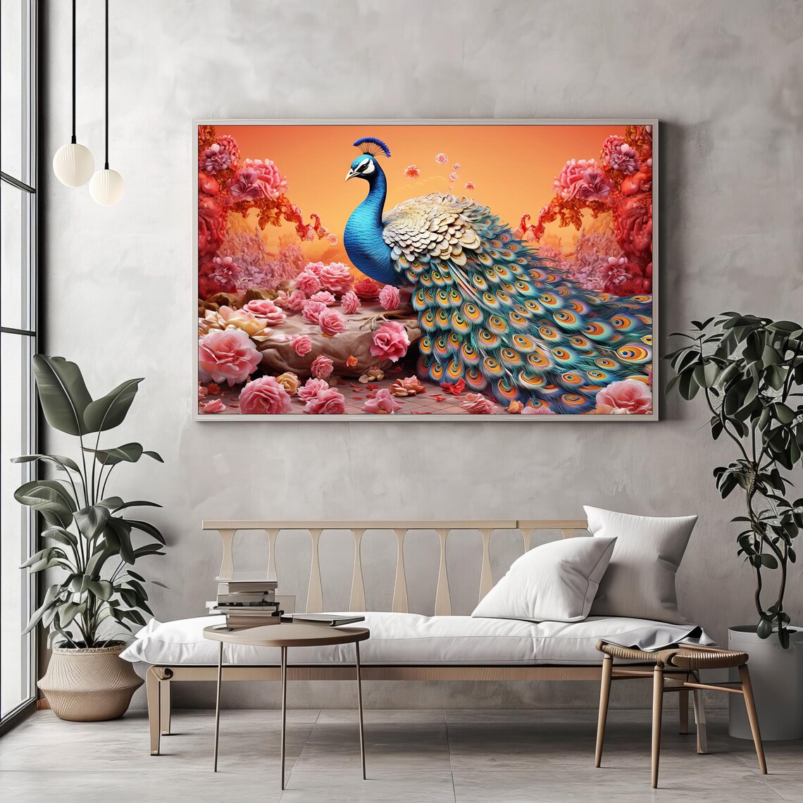 Majestic Peacock Among Pink Roses Opulent Floral Garden Poster - Image 2