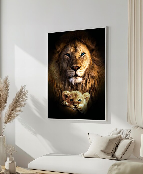 Protective Blue Eyed Lion Sheltering His Cub Portrait Poster