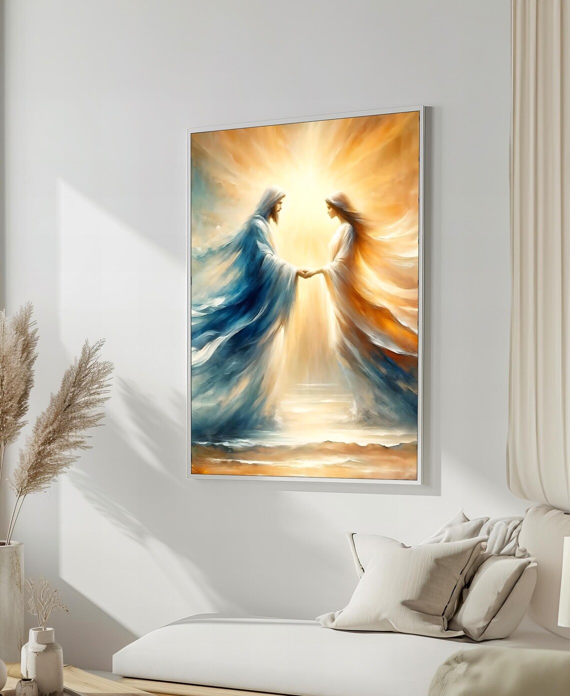 Heavenly Union Two Radiant Figures Holding Hands In Golden Light Poster
