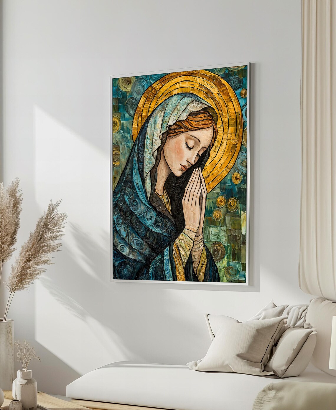 Byzantine Style Praying Virgin Mary In Blue And Gold Mosaic Colors Poster