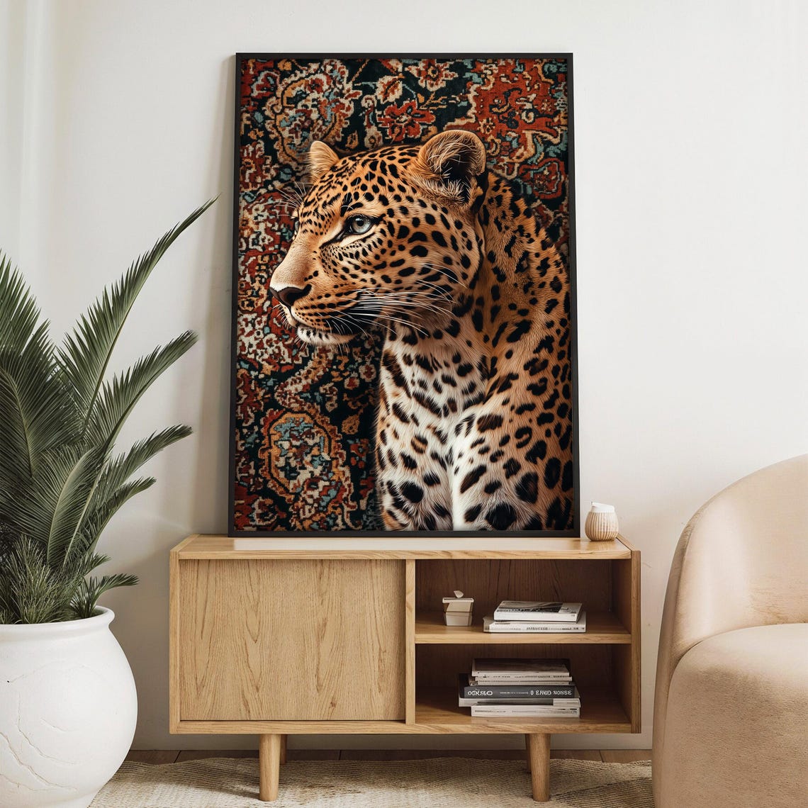 Leopard Profile Portrait Set Against a Multicolor Ornate Rug Poster