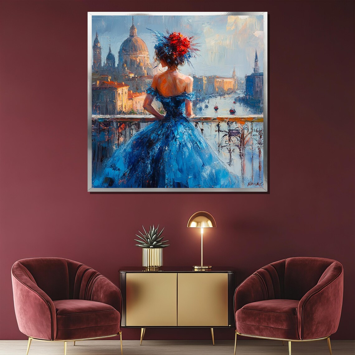 Woman in Blue Gown Overlooking Venice Grand Canal Cityscape Poster - Image 2