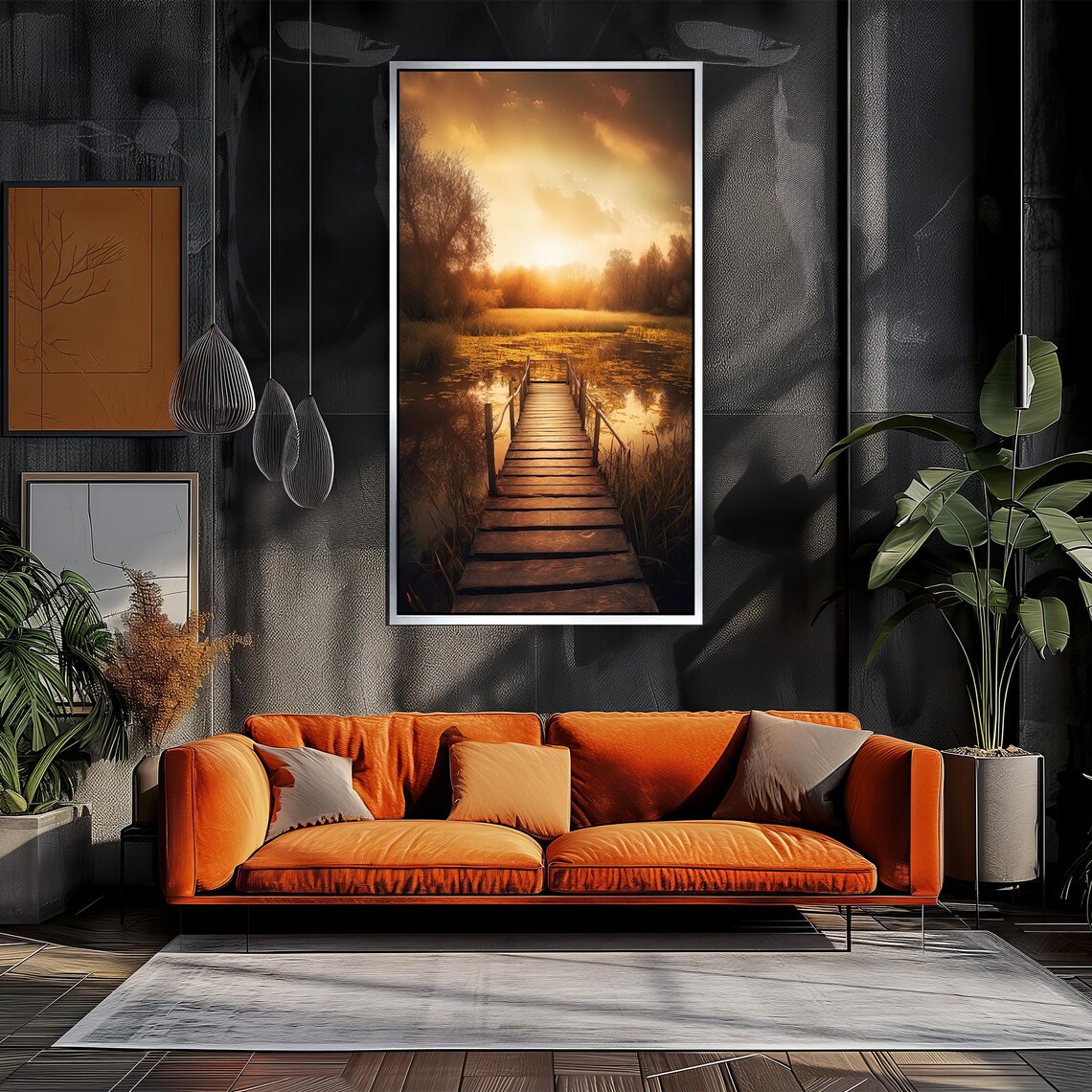 Sunset Serenity Wooden Footbridge Over Calm Golden Waters Poster - Image 3