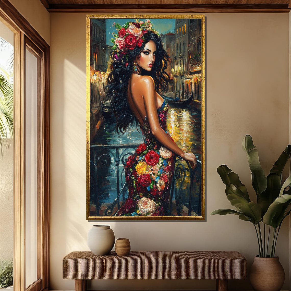 Venetian Beauty in Floral Gown on Canal Bridge at Night Poster - Image 4