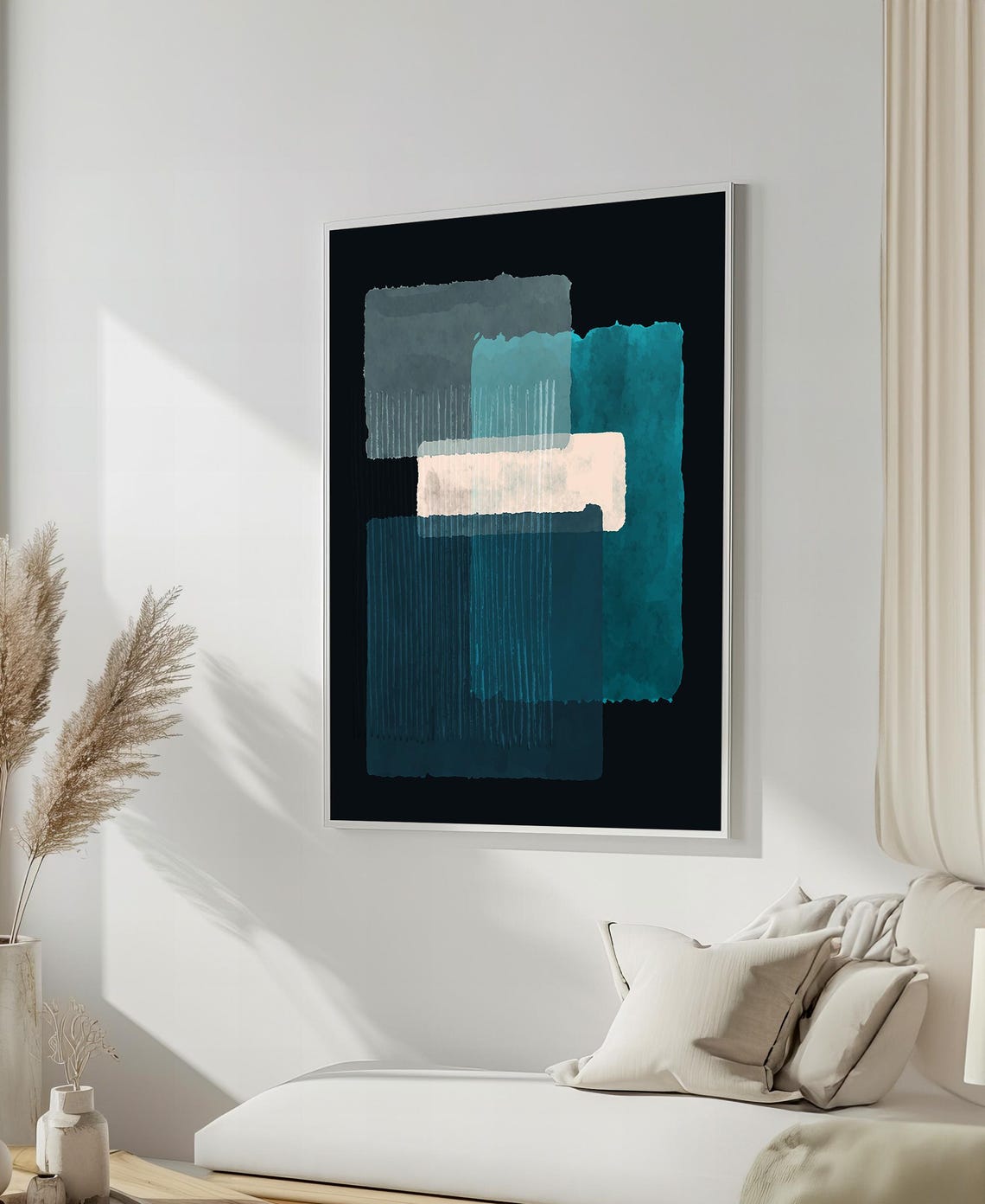 Teal Blue Grey Layered Blocks Abstract Modern Art Decor Poster