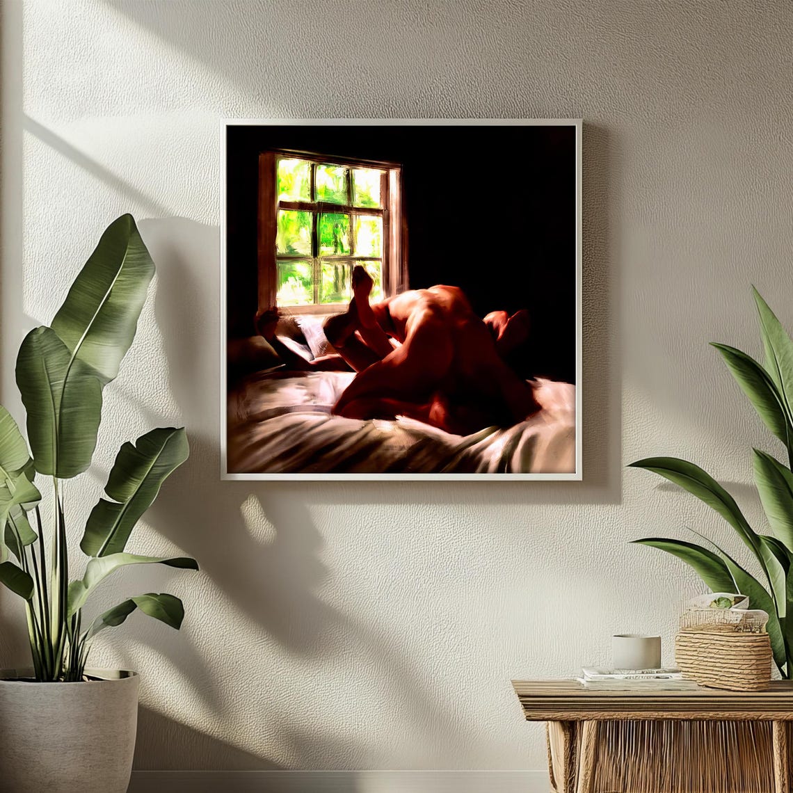 Sunlit Intimate Lovers Embrace by the Window Erotic Art Poster - Image 2