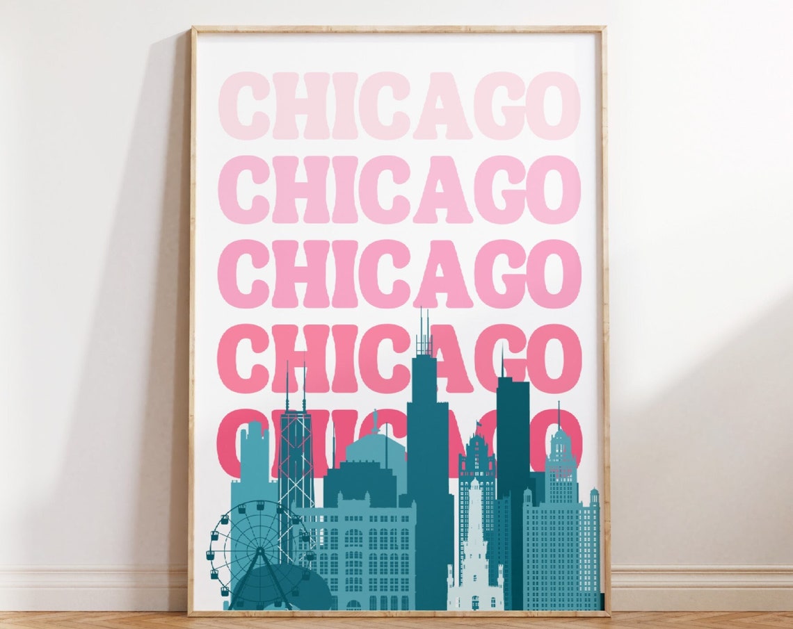Chicago Skyline Teal Illustration Pink Typography Retro City Poster