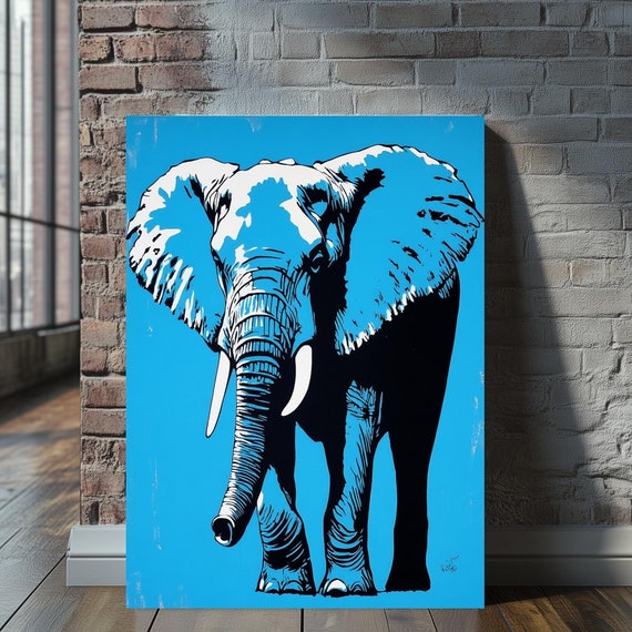 Elephant Wall Art Safari Animal Canvas Blue Poster Wildlife Artwork For Home African Jungle Decor Modern Pop Print