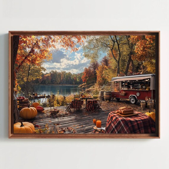 Autumn Lakeside Red Food Truck Pumpkin Picnic Fall Foliage Poster