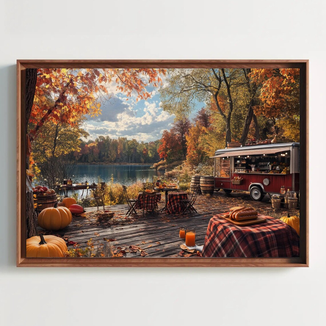 Autumn Lakeside Red Food Truck Pumpkin Picnic Fall Foliage Poster