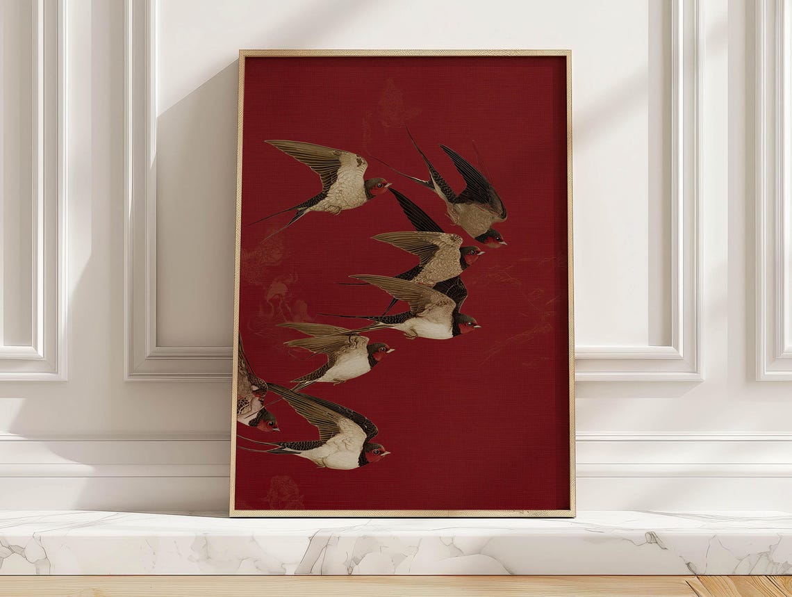Flying Swallows Red Background Oriental Style Bird Art Print