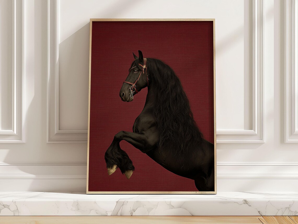 Black Horse Rearing, Dark Academia Equestrian Art Print