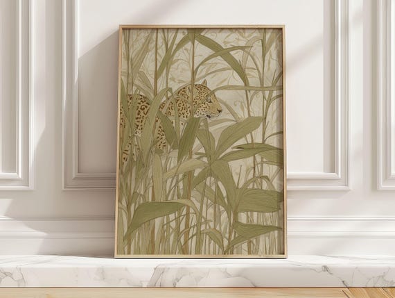 Safari Leopard Art Print Vintage Wildlife Illustration Poster Boho Beige Green Animal Wall For Kids Bedroom