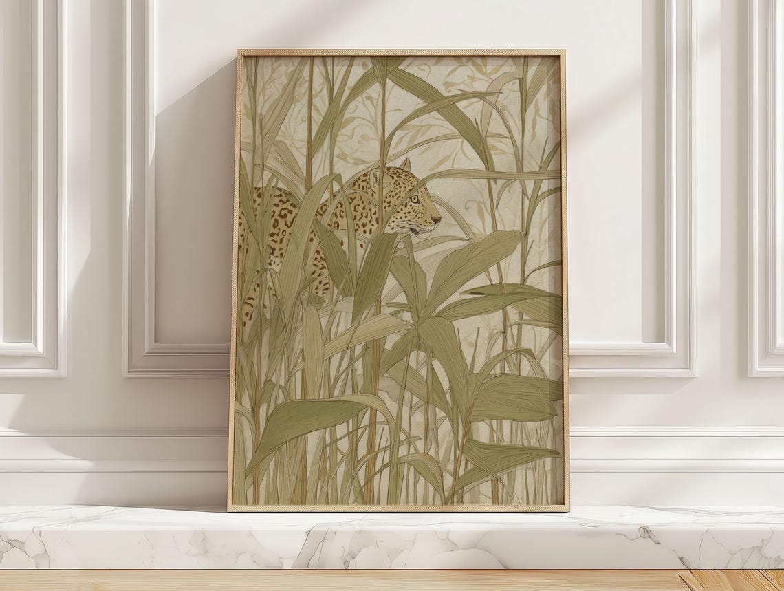 Safari Leopard Peeking Through Tall Grass Vintage Art Poster