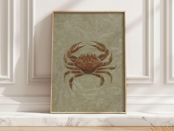 Vintage Coastal Crab Art Print Antique Japanese Style Marine Animal Poster Neutral Ocean Wall For Bathroom