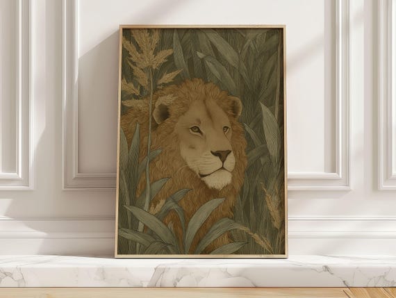 Regal Lion Portrait Poster With Botanical Foliage Vintage Safari Animal Art Print For Playroom Decor