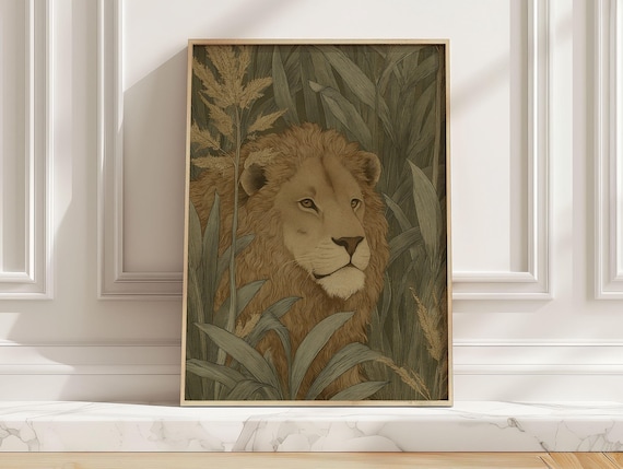 Regal Lion Portrait With Botanical Foliage Safari Animal Poster