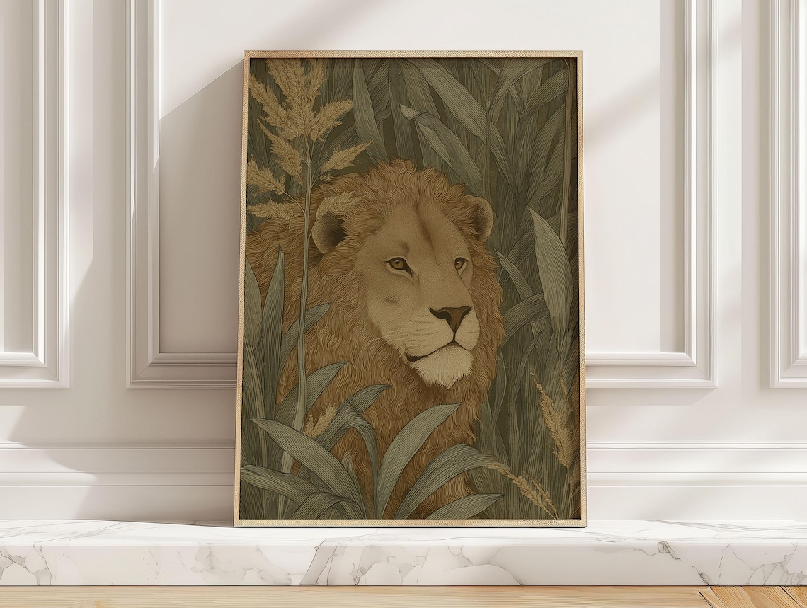 Regal Lion Portrait With Botanical Foliage Safari Animal Poster