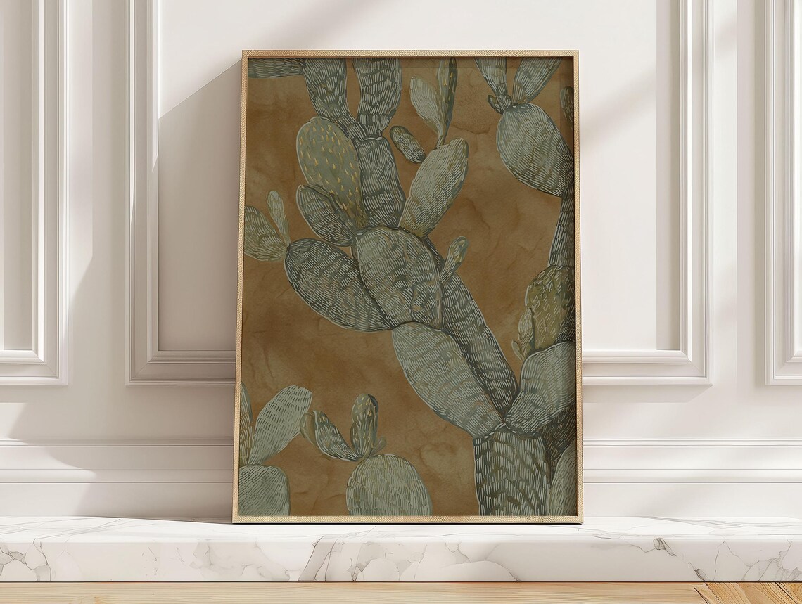 Vintage Prickly Pear Cactus Botanical Sage Green Desert Art Poster