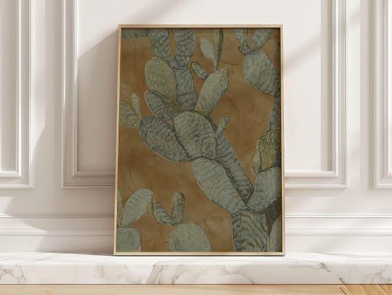 Vintage Cactus Botanical Art Print Prickly Pear Illustration Poster In Sage Green And Warm Brown Desert Southwest Wall