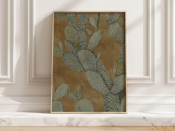 Vintage Prickly Pear Cactus Botanical Sage Green Desert Art Poster