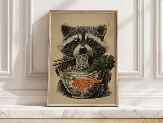 Japandi Raccoon With Ramen Bowl Art Print Whimsical Animal Eating Noodles Kitchen Wall Decor