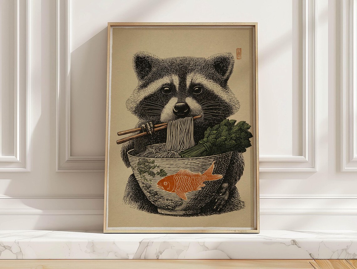 Raccoon Eating Ramen Bowl Chopsticks Japanese Woodblock Poster