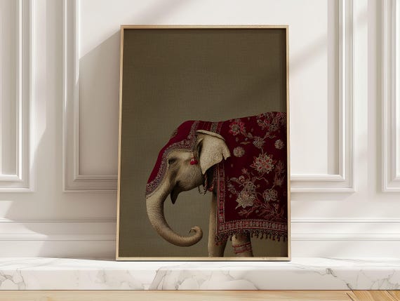 Vintage Elephant In Red Textile Art Print Minimal Indian Inspired Animal Poster Living Room Bedroom Wall Decor