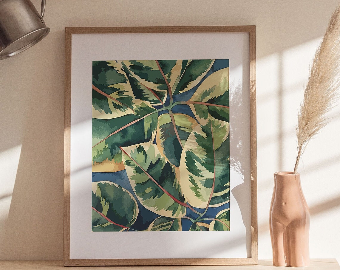 Variegated Ficus Elastica Leaves Watercolor Botanical Poster