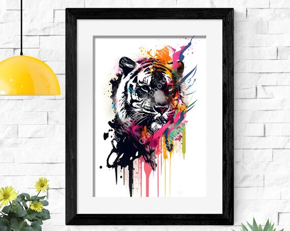 Tiger Head In Profile Colorful Splash Paint Art Portrait Poster
