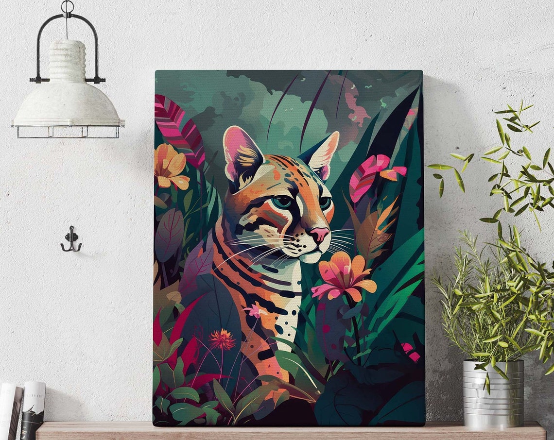 Ocelot Jungle Cat Surrounded by Tropical Flowers Feline Art Poster - Image 4
