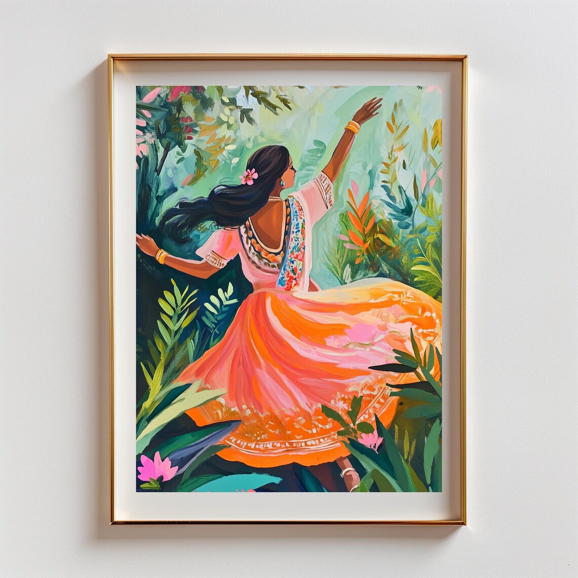 Girl Dancing in Orange Lehenga in Lush Garden Indian Joy Art Poster
