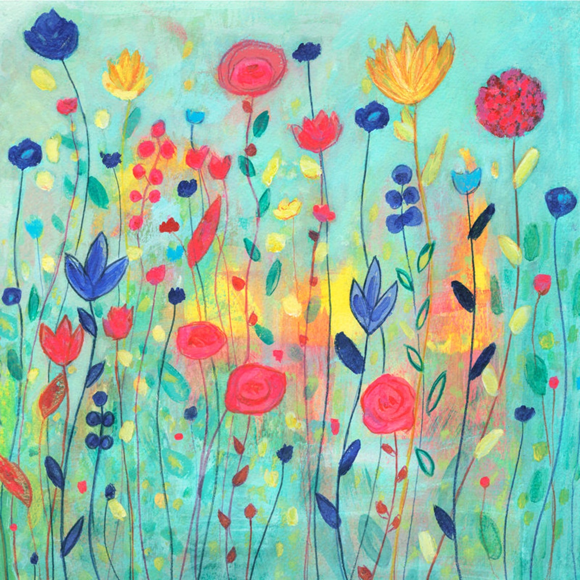 Colorful Wildflower Meadow Watercolor on Turquoise Sky Poster