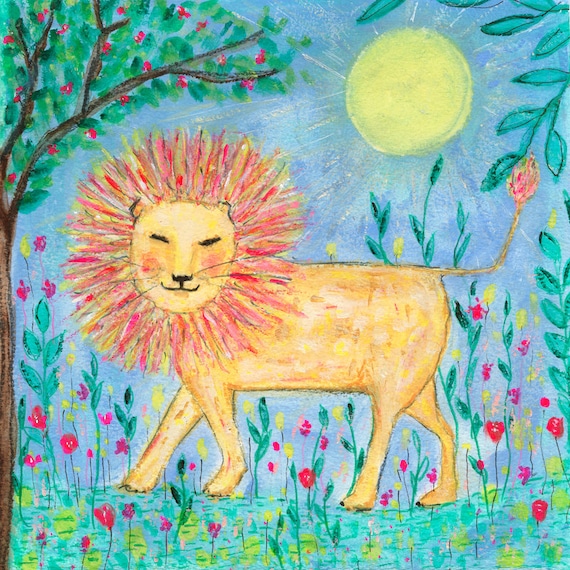Cheerful Lion with Pink Mane in a Sunny Flower Meadow Kids Poster