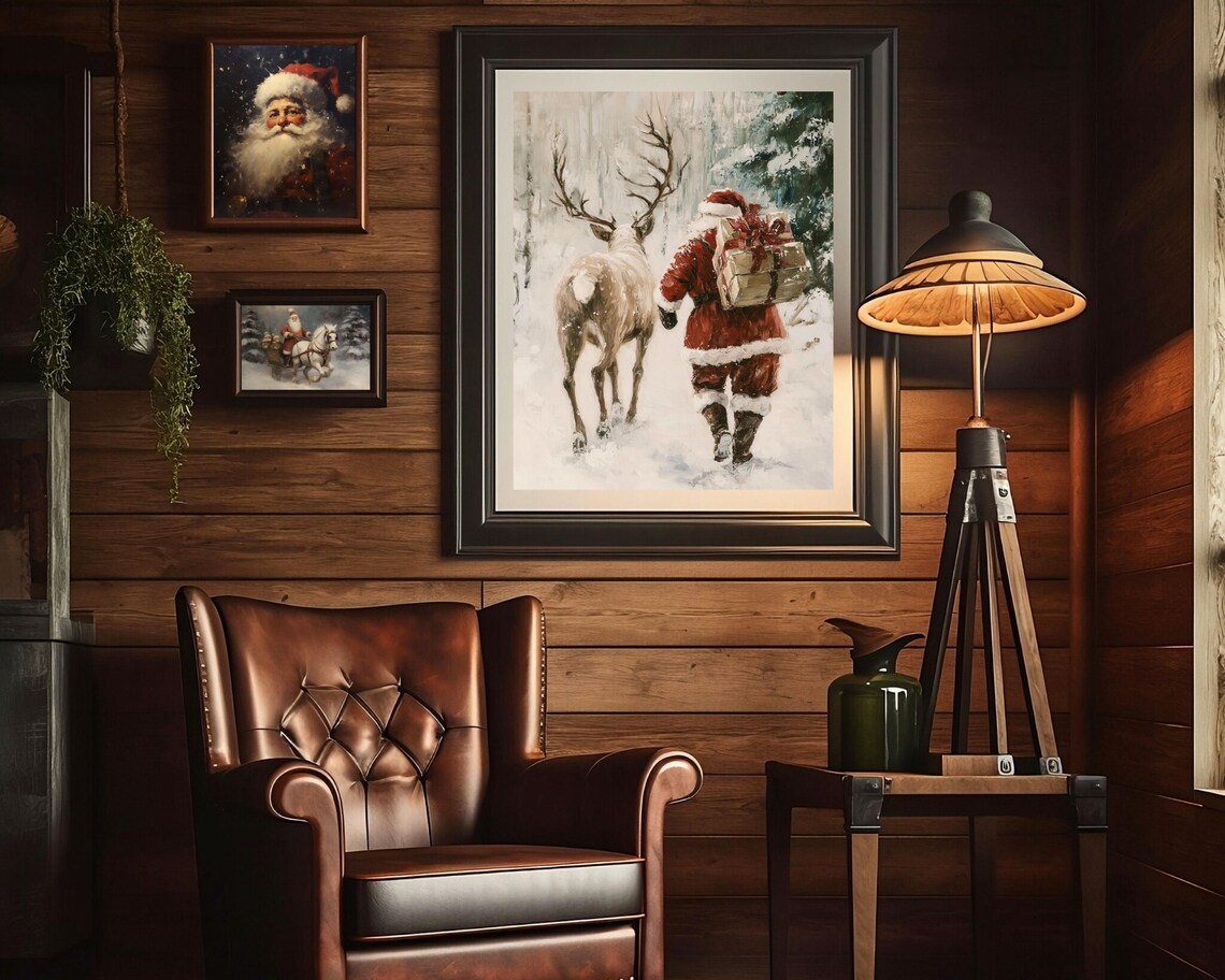 Vintage Santa With Reindeer Christmas Art Print - Image 2