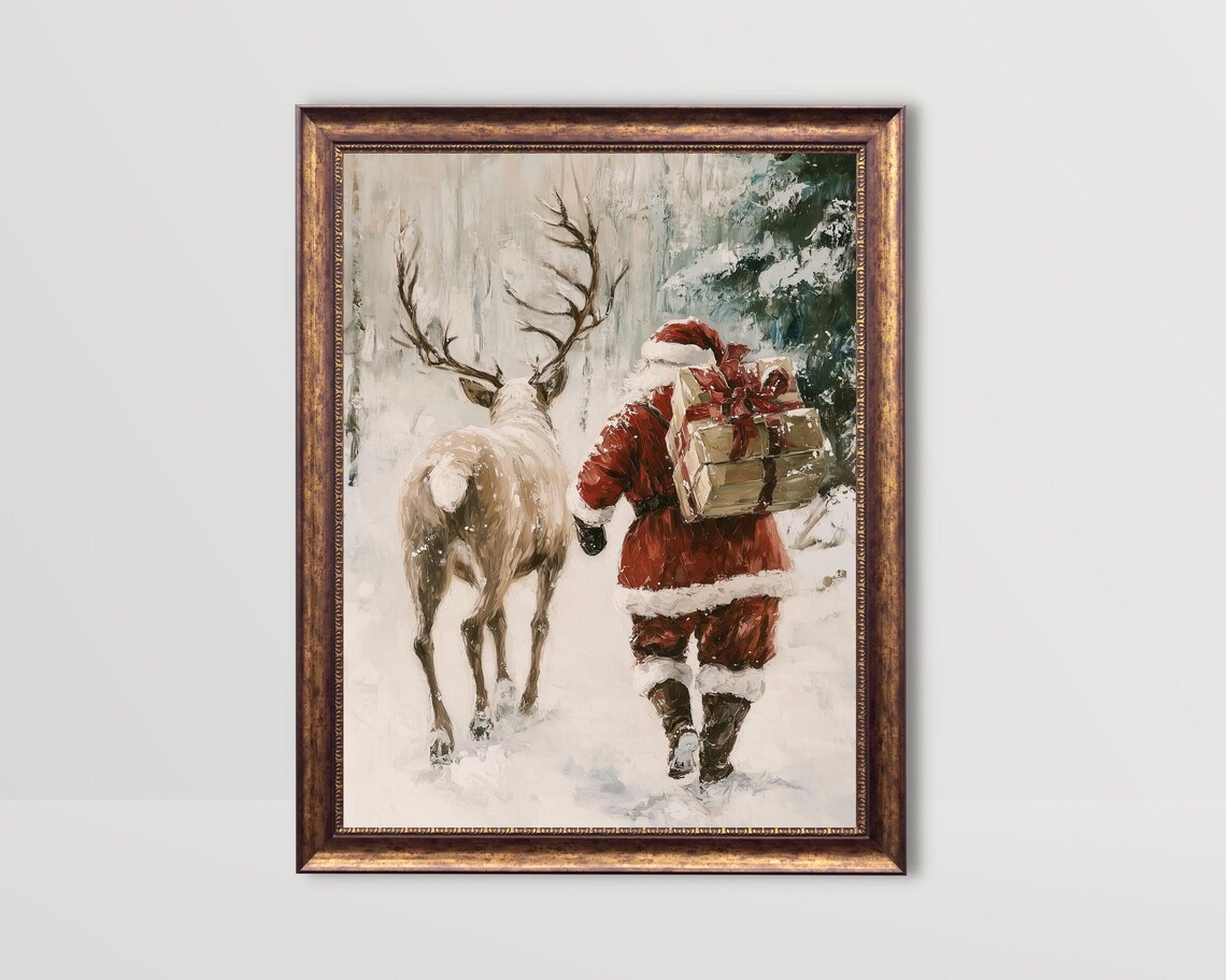 Vintage Santa With Reindeer Christmas Art Print
