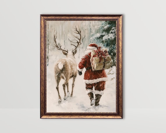 Vintage Santa With Reindeer Christmas Art Print
