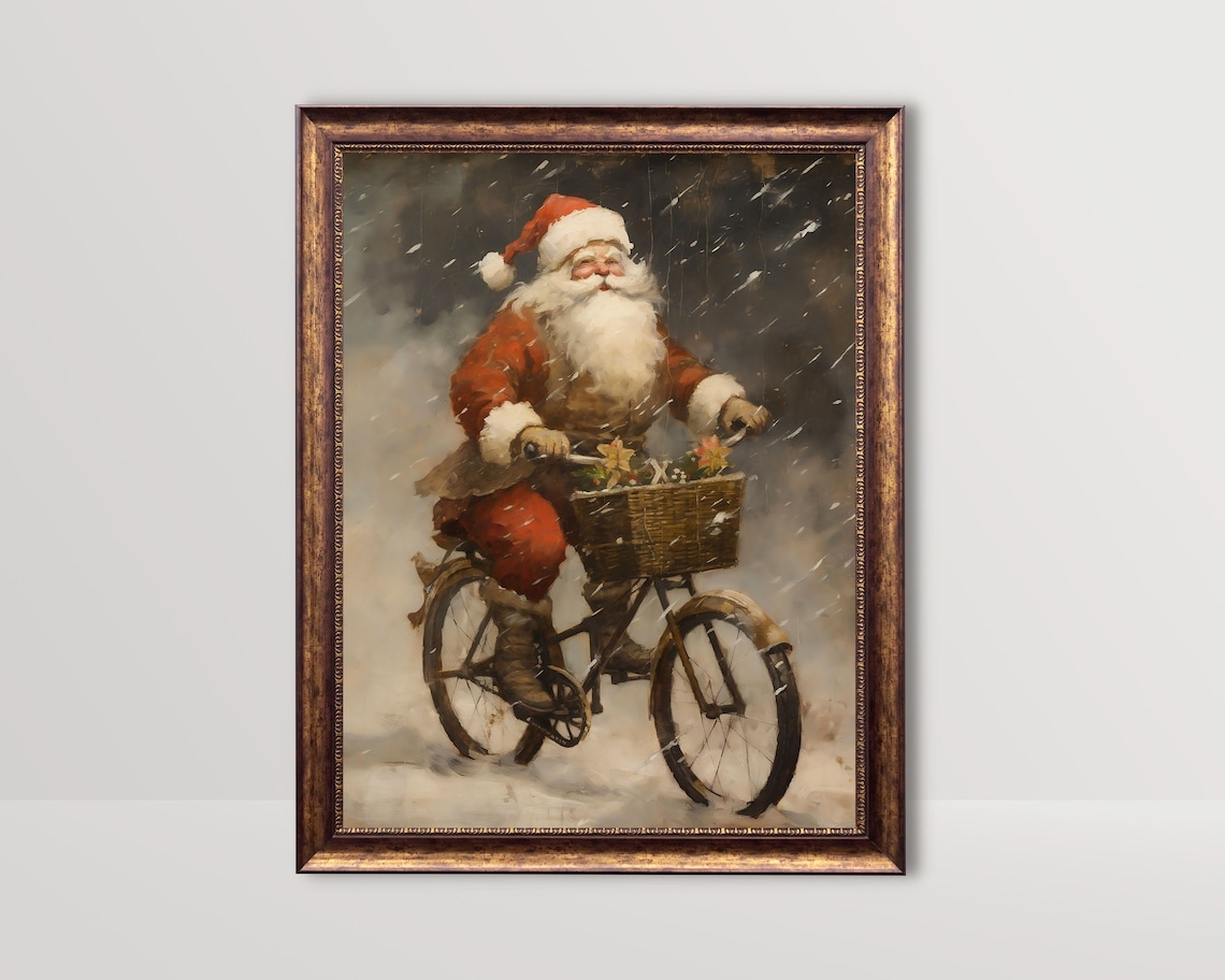 Santa on a Bike, Rustic Vintage Christmas Art Print