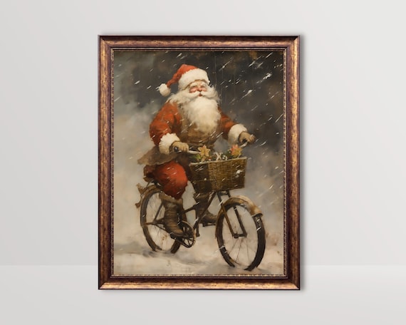 Santa on a Bike, Rustic Vintage Christmas Art Print