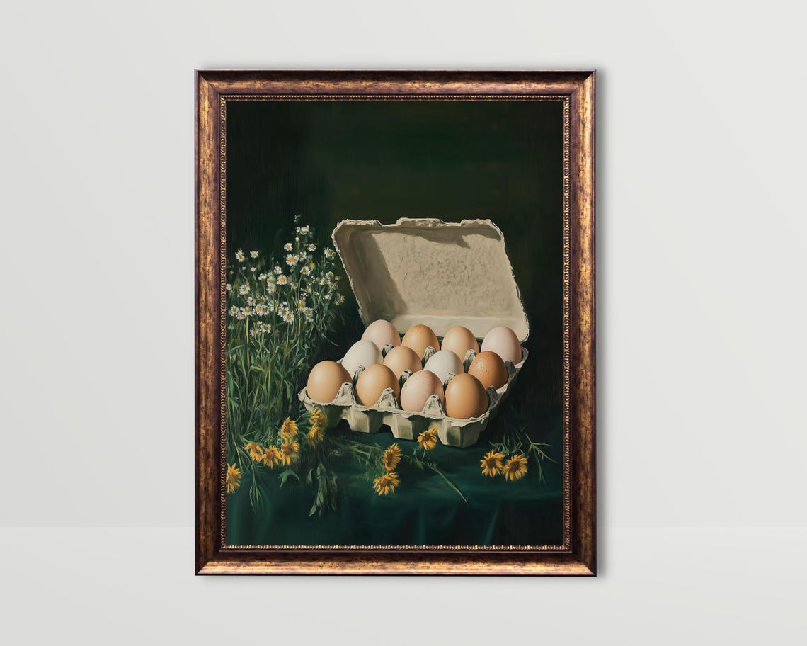Eggs Kitchen Wall Art Green Whimsical Food Print Easter Decor Moody Groceries Flowers Fun Egg Carton Painting Breakfast Prints
