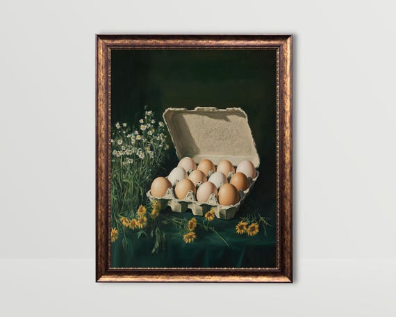 Eggs Kitchen Wall Art Green Whimsical Food Print Easter Decor Moody Groceries Flowers Fun Egg Carton Painting Breakfast Prints