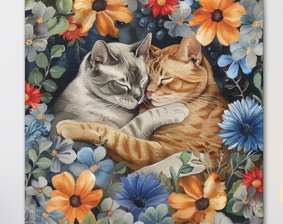 Two Cuddling Cats Surrounded by Blue and Orange Flowers Poster