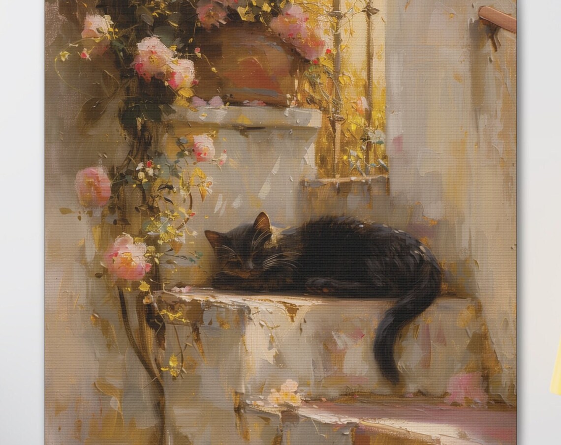Black Cat Sleeping on Stone Steps With Pink Flowers Impressionist Poster