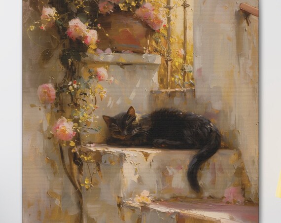 Black Cat Sleeping on Stone Steps With Pink Flowers Impressionist Poster