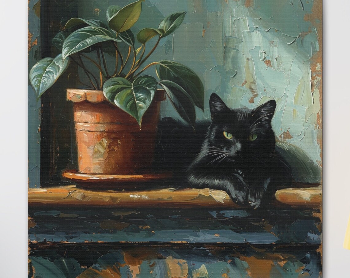 Black Cat Resting by Potted Plant on Windowsill Oil Painting Poster